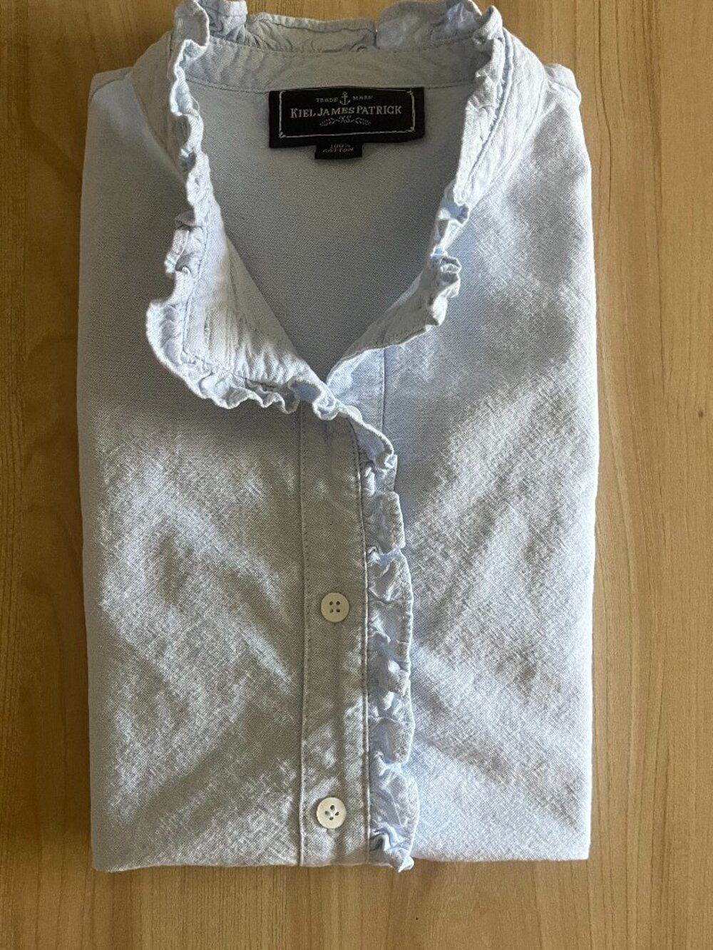 Kiel James Patrick Light Blue Chambray Ruffle Neck Button Up Collared Shirt XS